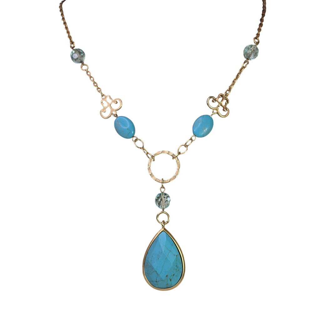 Vintage Necklace Mid Century Blue Teardrop on Gold Tone Chain 17 Inch